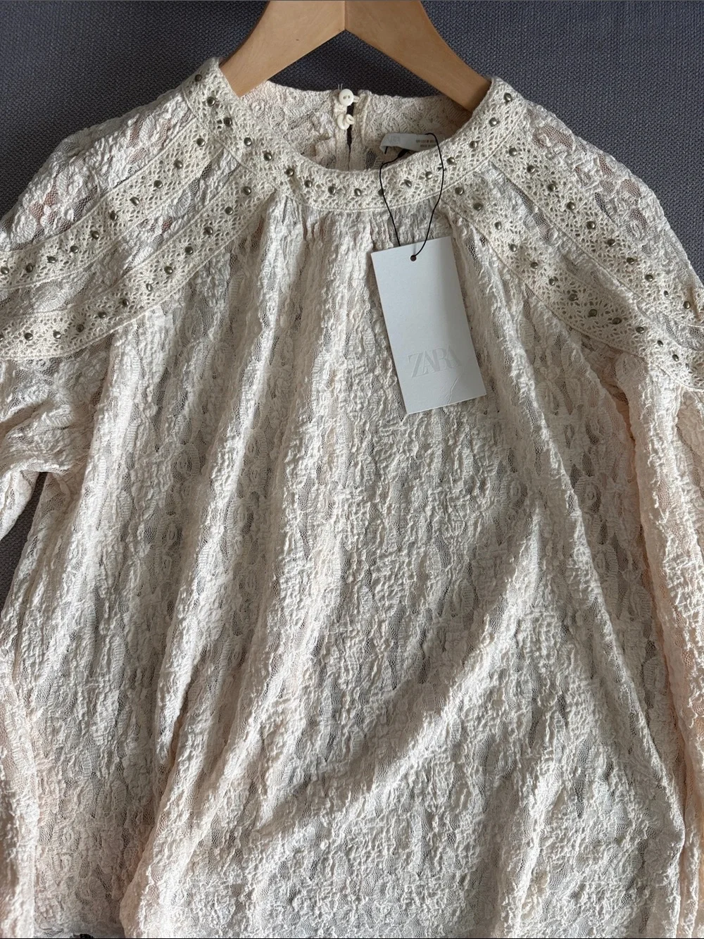 Zara Cream Lace Long-Sleeve Top with Embellished Size M NWT